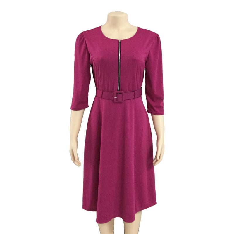 African Women's Solid Color Half Open Neck Zipper Pleated Dress with Belt OL Commuter Dress