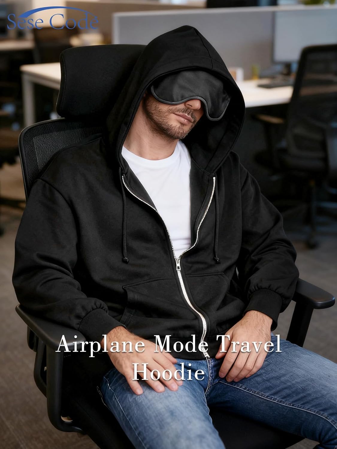 SeSe Code Unisex Zip Up Hoodie With Eye Mask Airplane Mode Travel Hoodies Oversized Sweatshirt Fleece Jacket
