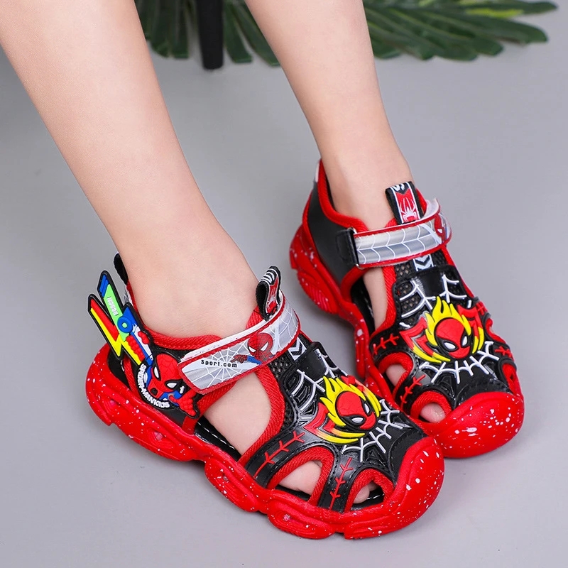 Disney Superhero LED Sepatu Lampu Bercahaya Kartun Anak-anak Bayi Anak-anak Sandal Datar Musim Panas Anak Laki-laki Perempuan Se