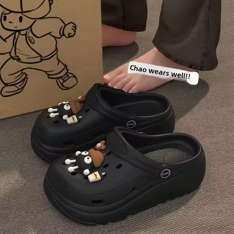 Thick Bottom Sandals Women's Summer New Style Beach Outdoor Wear Anti-slip Cartoon Match All High Heel Pvc Material Shoes