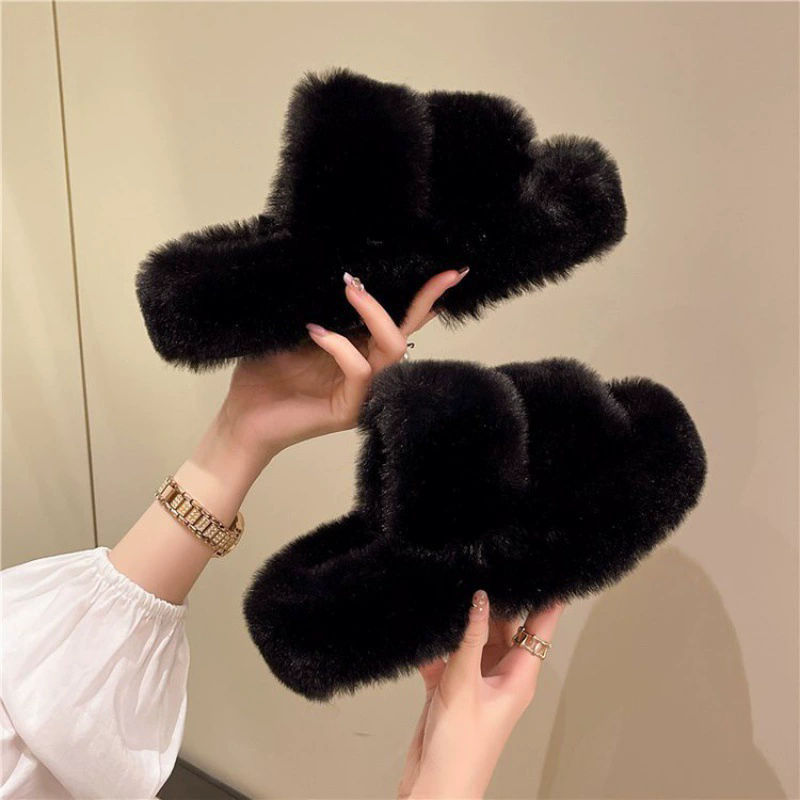Large Size Women's Slippers Korean Sle Fur Slippers Outdoor Wearable Cotton Slippers Trendy INS Winter Slippers for Ladies