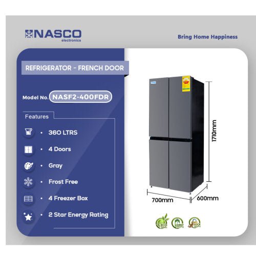 NASCO 360L FRENCH DOOR FRIDGE NASF2-400FDR