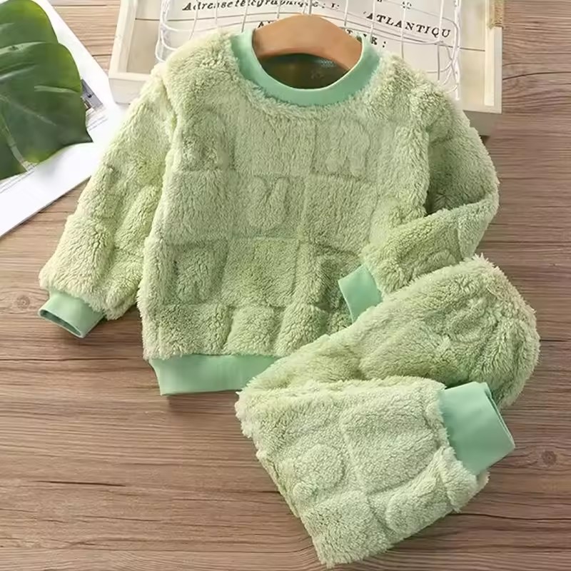1pc Children's Autumn/Winter French Pajama Set Korean Edition Boys' Velvet Thick Home Clothes Girls' Warm Underwear Set