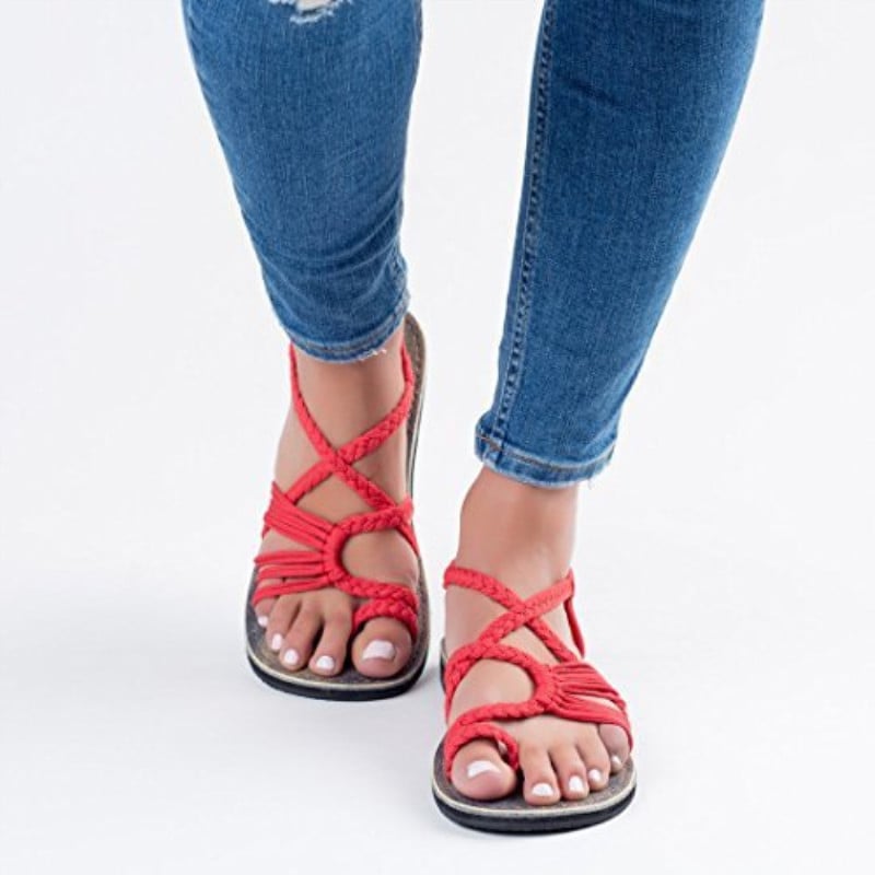 Seasonal Cross border Foreign Trade Knitted Sandals for Women in Europe and America Flat Bottom Pinch Toe Large Sandals Size 35