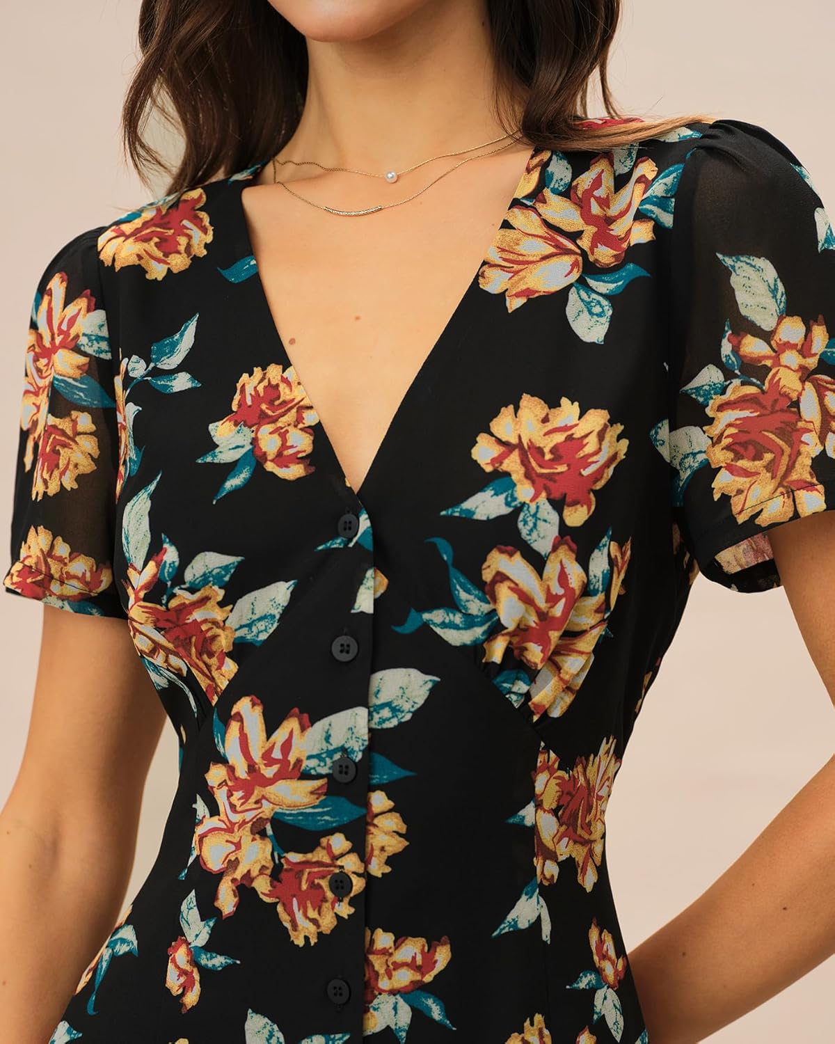 RIHOAS Women's Boho V Neck Floral Maxi Dress - Elegant Flowy Short Sleeve | Summer Beach Wedding Guest Formal Vestido Black