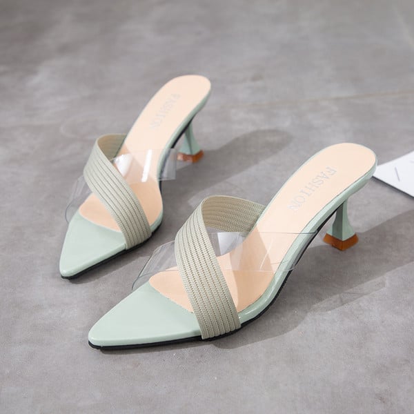 Wholesal New transparent strappy jelly shoes square toe high heels sandals women clear heel summer slippers flip flops for women