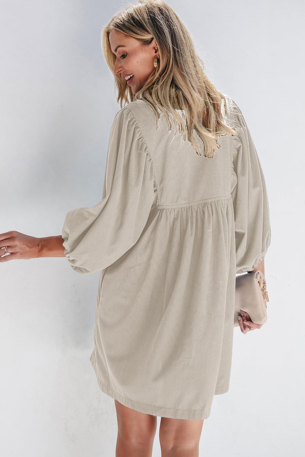 Opemiby Womens Casual Dresses Corduroy Button Up Empire Waist 3/4 Sleeve Fall Winter Mini Babydoll Dress