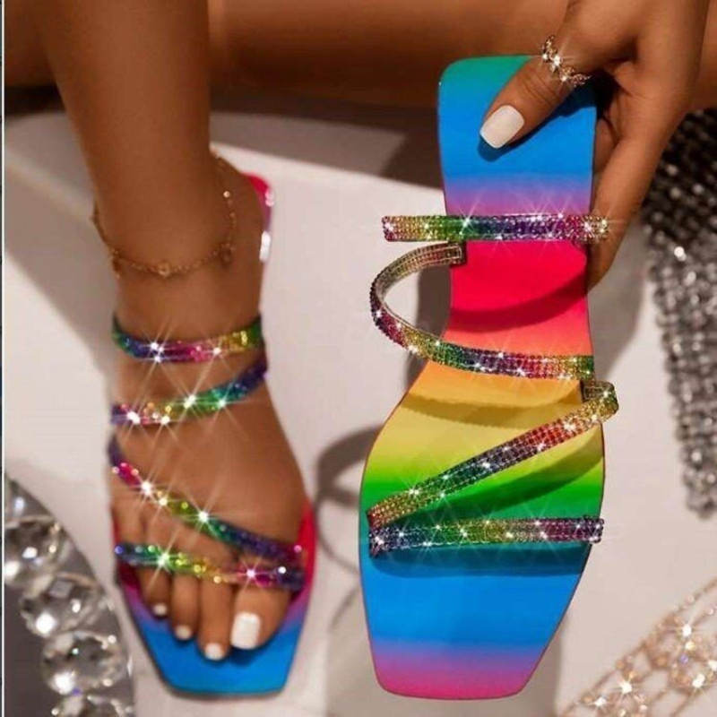 Summer 21 Explosion Wide European and American Rhinestone Rainbow Large Sandals for Women in Stock Slippers Sandals 9259