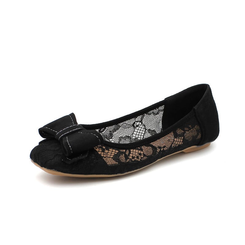 Korean version of all-match square toe shallow mouth lace mesh breathable scoop shoes women's black soft sole flat heel shoes