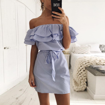 Fashion casual sexy word collar multi-layer ruffled striped lace-up colorful dress