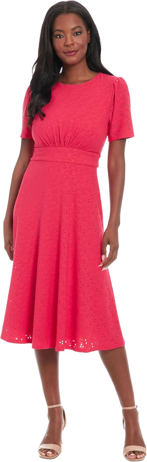 London Times Women's Women's Eyelet Midi A-line Dress with Puff Sleeves - Gathered Waist Empire Cut - Wedding Guest Dress