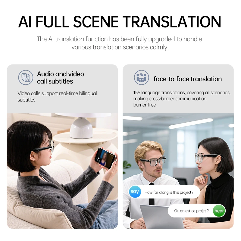 BT6.0 AI Transparent Smart Glasses Type-C Charging Lightweight Headphones Glasses HiFi Stereo Headset Eyeglass for Office School