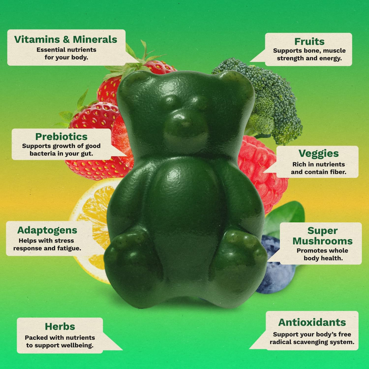 Gruns Adult Super Greens Multivitamin Gummies, Superfood Gummy Vitamins for Women and Men with Spirulina, Chlorella, Adaptogens & Prebiotic Fiber for