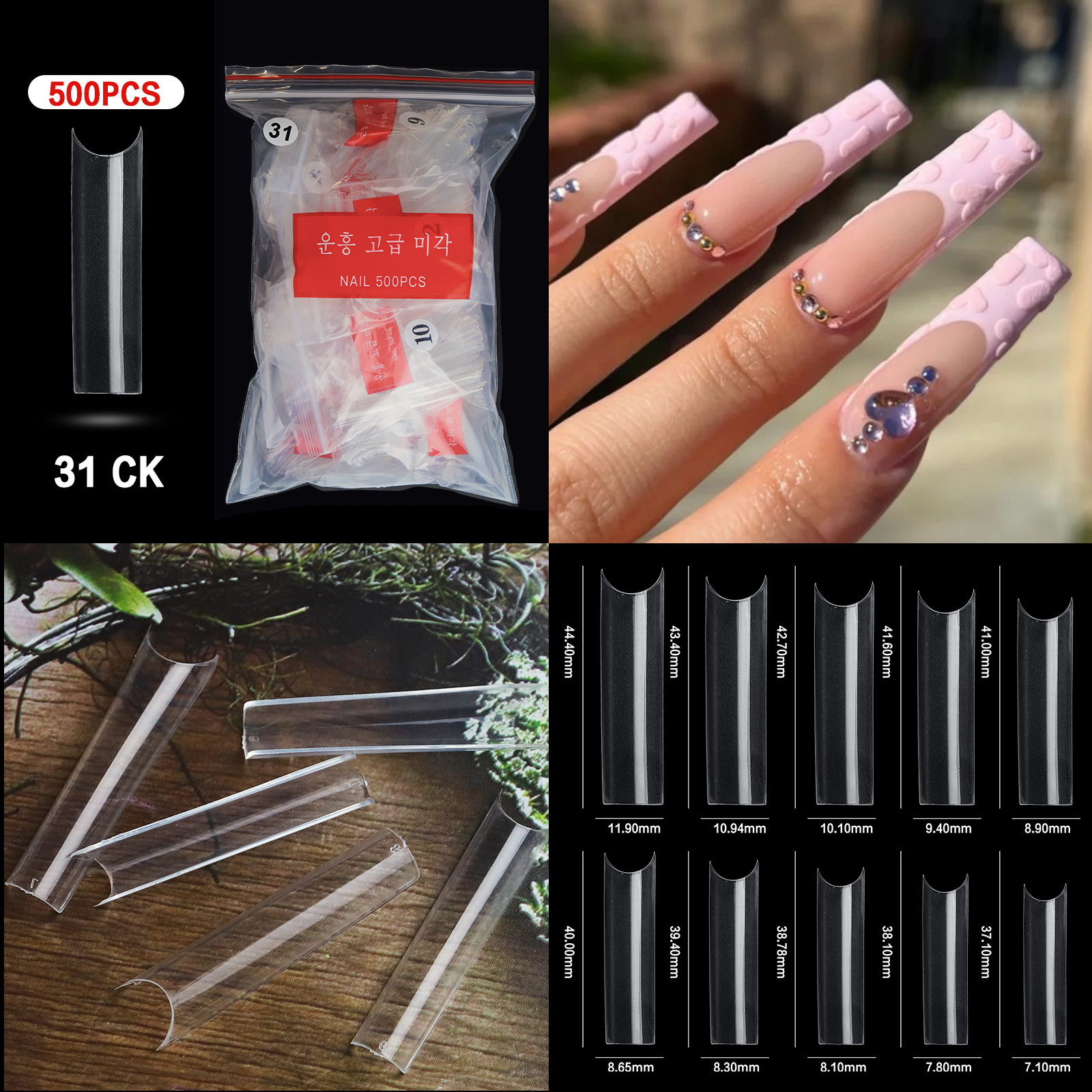 500pcs/Bag Super Long Full False Nail Art Tips Natural Clear Acrylic Fake T Sharp Nails For Salon Design Manicure Kit