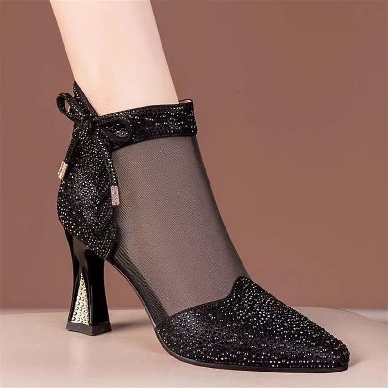 Summer Womens Glamorous Rhinestone Glitter Boots Trendy Hollow Out Chunky Heels Point Toe Shoes