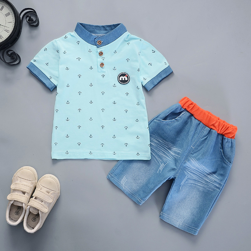 Ones boys summer short-sleeved anchor print polo shirts shorts clothing set kids baby cotton suit
