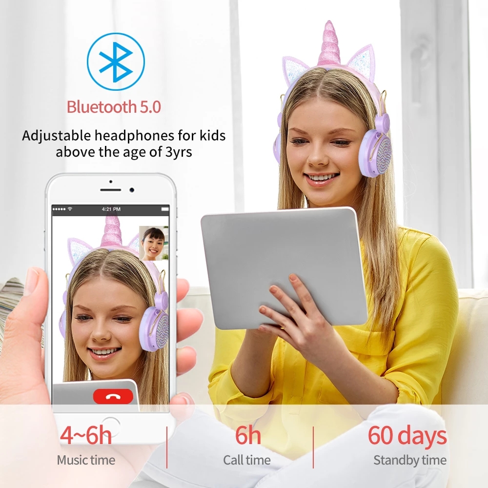 Wireless Headset Cartoon Unicorn Kids Headphones with Microphone Girls Gamer Children Wired Earphone Auriculares Bluetooth Gifts