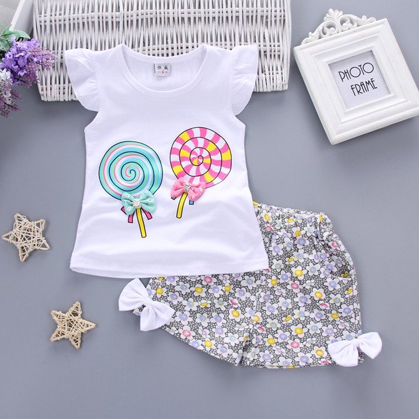 Ones girls summer flying sleeves lollipop t-shirt clothing set Korean baby kids cotton suit