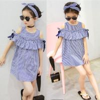 New Summer Dress Toddler Kids Baby Girls Lovely Birthday Clothes Blue Striped Off-shoulder Ruffles Party Gown Dresses