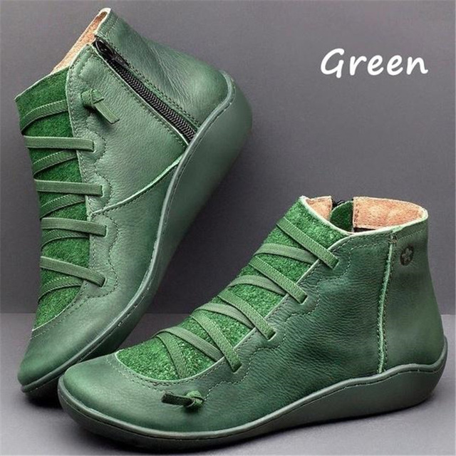 Women's PU Leather Ankle Boots Autumn Winter Cross Strappy Vintage Zipper Punk Boots Flat Short Snow Boots Lace Up Shoes
