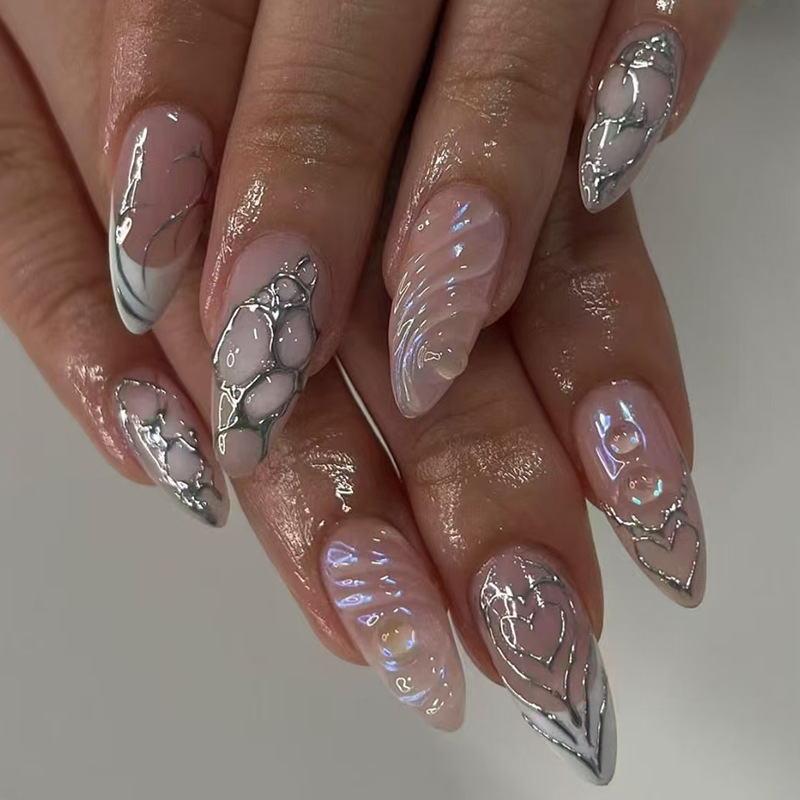 24Pcs Press on Nails Almond False Nails 3D Curves Acrylic Fake Nails with Charms Wearable Artificial Nails