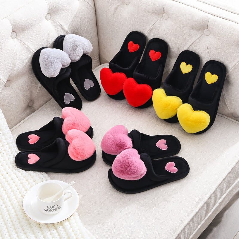 Slippers Women Winter Heart Shoes Woman Slides Plush Home Slippers Ladies Indoor House Shoes Winter Warm Fur Slippers