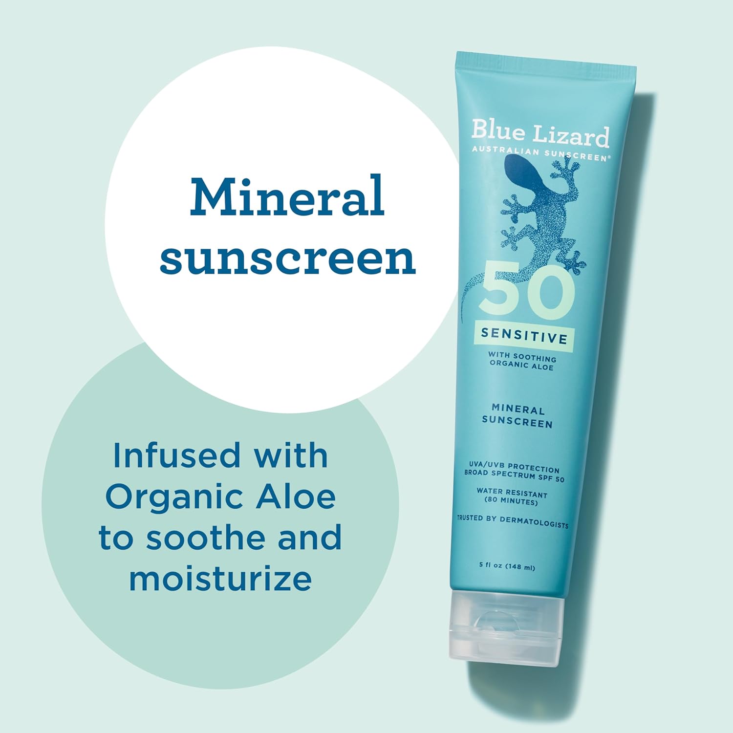Blue Lizard Sensitive Mineral SPF 50 Sunscreen Lotion, 100% Mineral Sunscreen, UVA/UVB Protection, Infused with organic Aloe Vera, Soothes and Hydrate