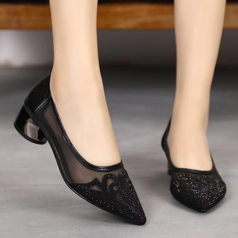 Mesh sandals thick heels leather shoes shallow mouth fashionable and casual women's sandals