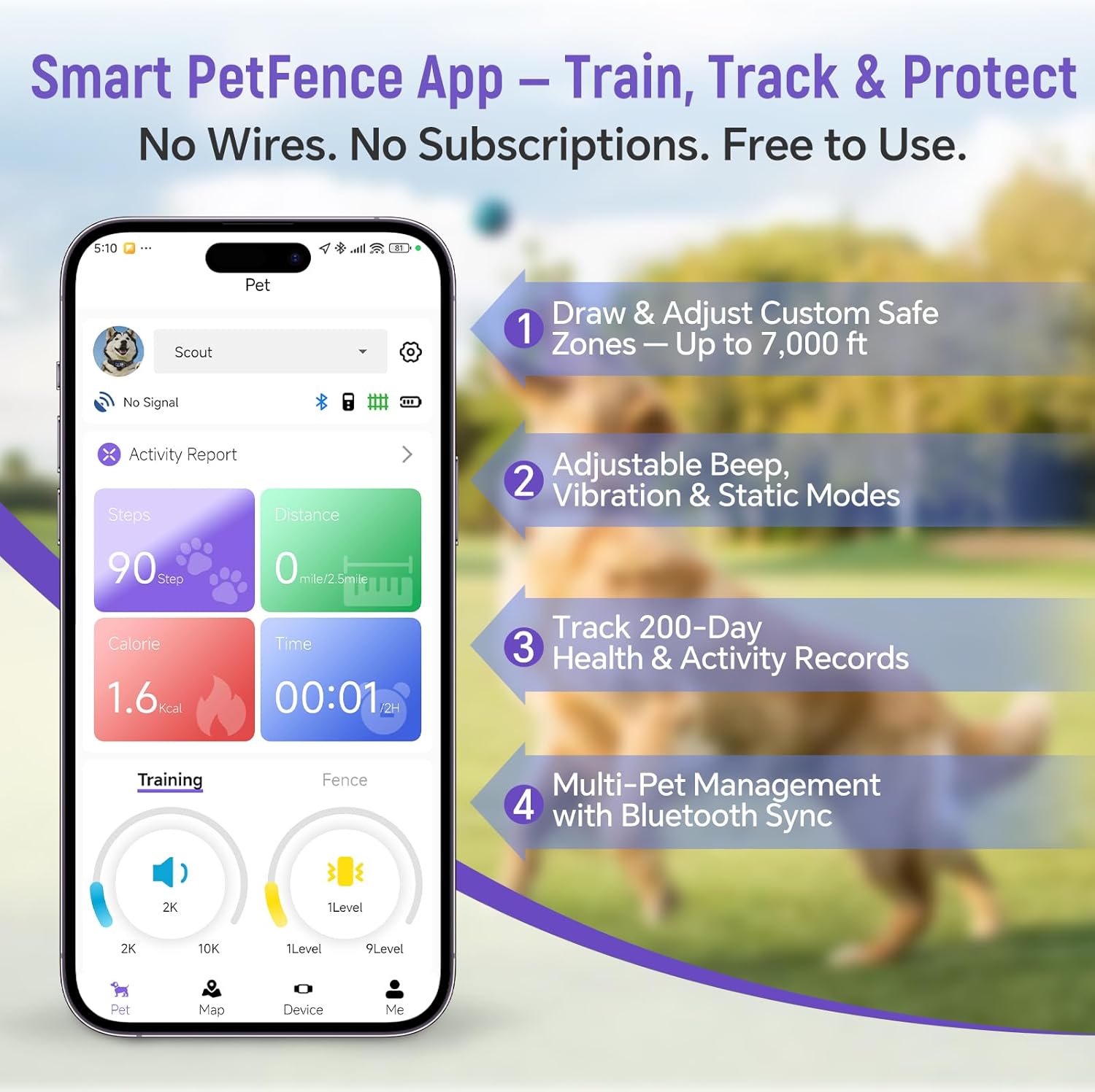 GPS Wireless Dog Fence – Free App Control, Custom GPS Boundary, Beep/Vibration/Static Modes, IP67 Waterproof, Long Battery Life, for Dogs 10–120 lbs,