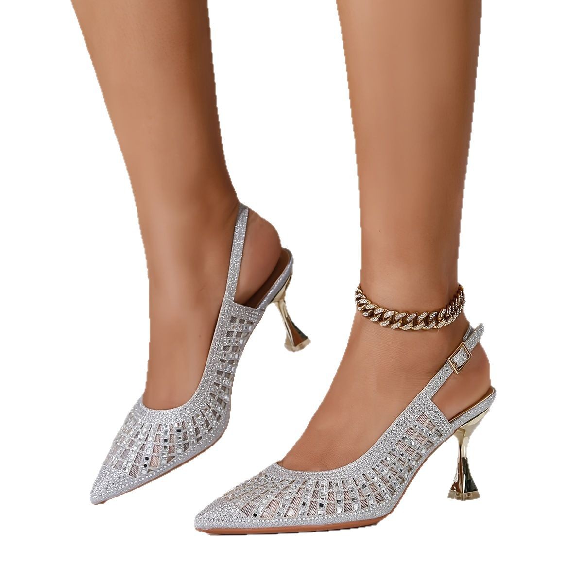 Sharp pointed rhinestone elegant women's high heels solid color simple silver high heels sandals wedding party shoes