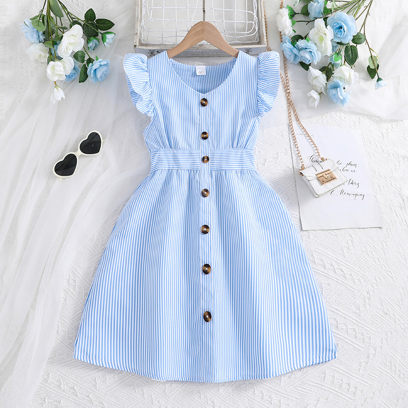 Girl Dress Summer New Light Blue Stripe Ruffled Sleeveless V-Neck Dress Elegant Cute Daily Casual Vacation Style Outifits