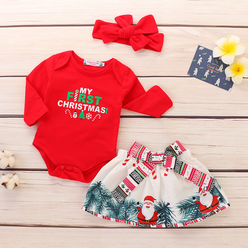 3PCS Christmas Newborn Baby Girl Romper+Skirt +Headband Red Outfits Xmas Clothes Set