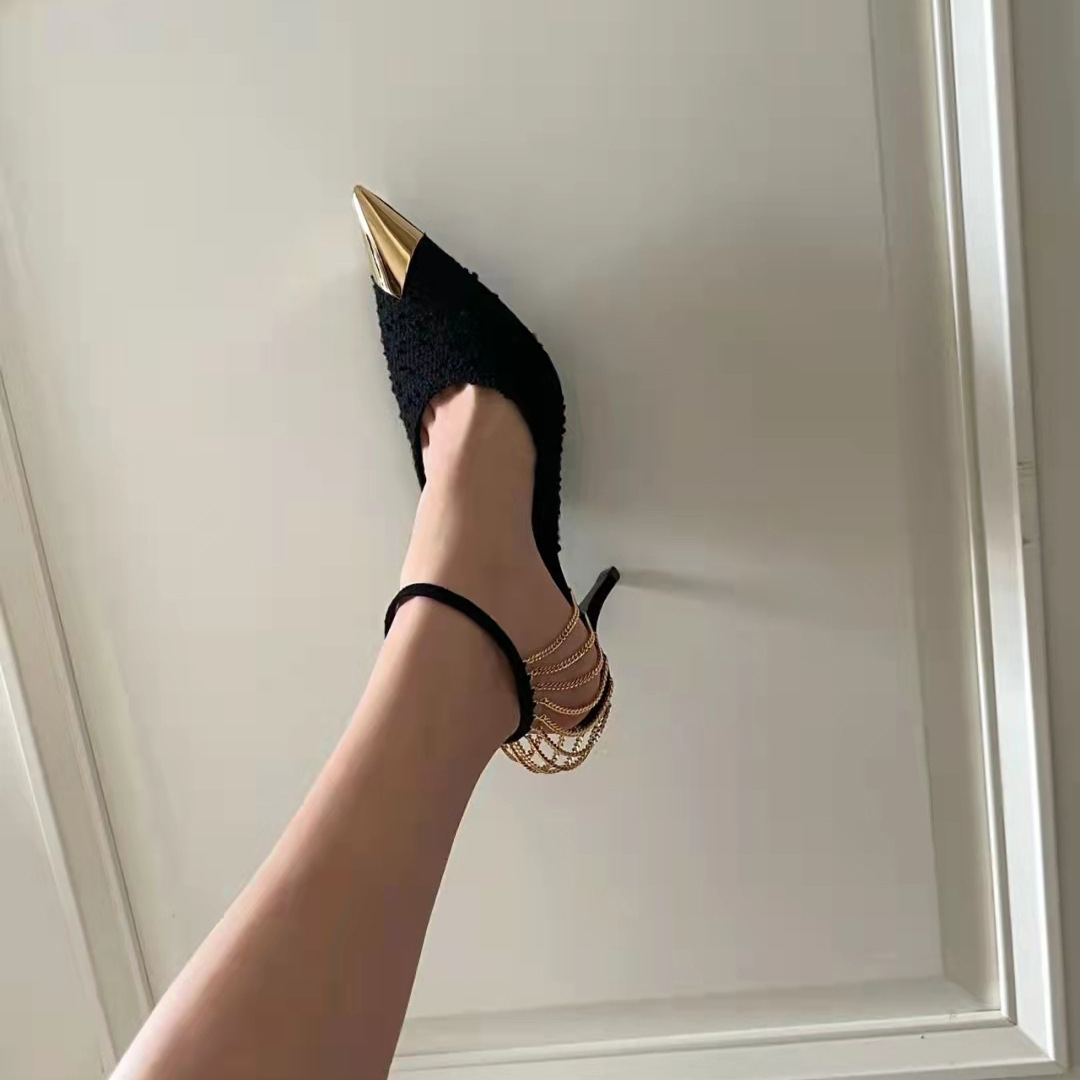 2023 Black sexy party Wedding High Heels Women Sandals Summer shoes Multi-purpose buckle pointed iron head woven fine heel
