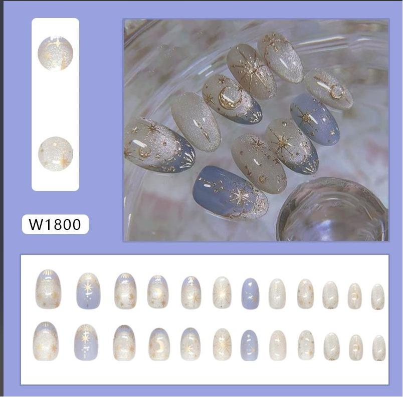 24Pcs Short Almond Ballet False Nails With Light Blue Edge Design French Press on Nails Wearable Almond Full Cover Fake Nail Tip