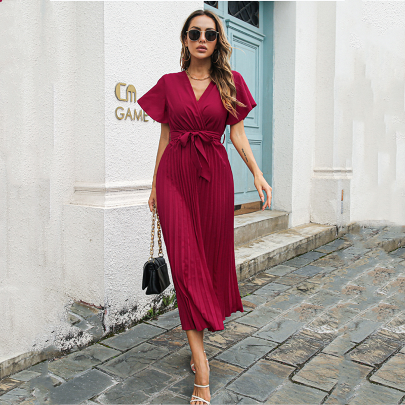 New Hot Selling Women's Spring/Summer Leisure Lotus Leaf Sleeves Lace up Large Fold Chiffon Long Dress