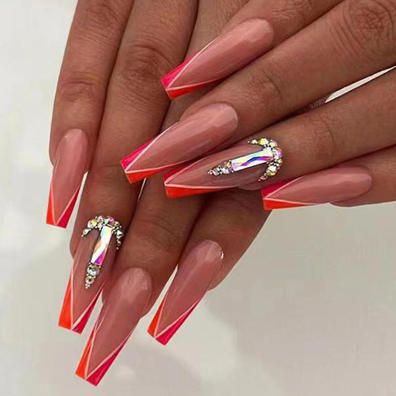24Pcs/Box French Long Ballet False Nails With Rhinestone Design Full Cover Press On Nail Tips Fake Nails