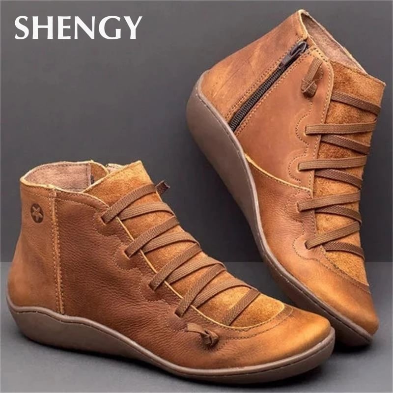 Ankle Boots Autumn Vintage Lace Up Women Shoes Comfortable Flat Heel Boots Female Zipper Short Boots Dropshipping