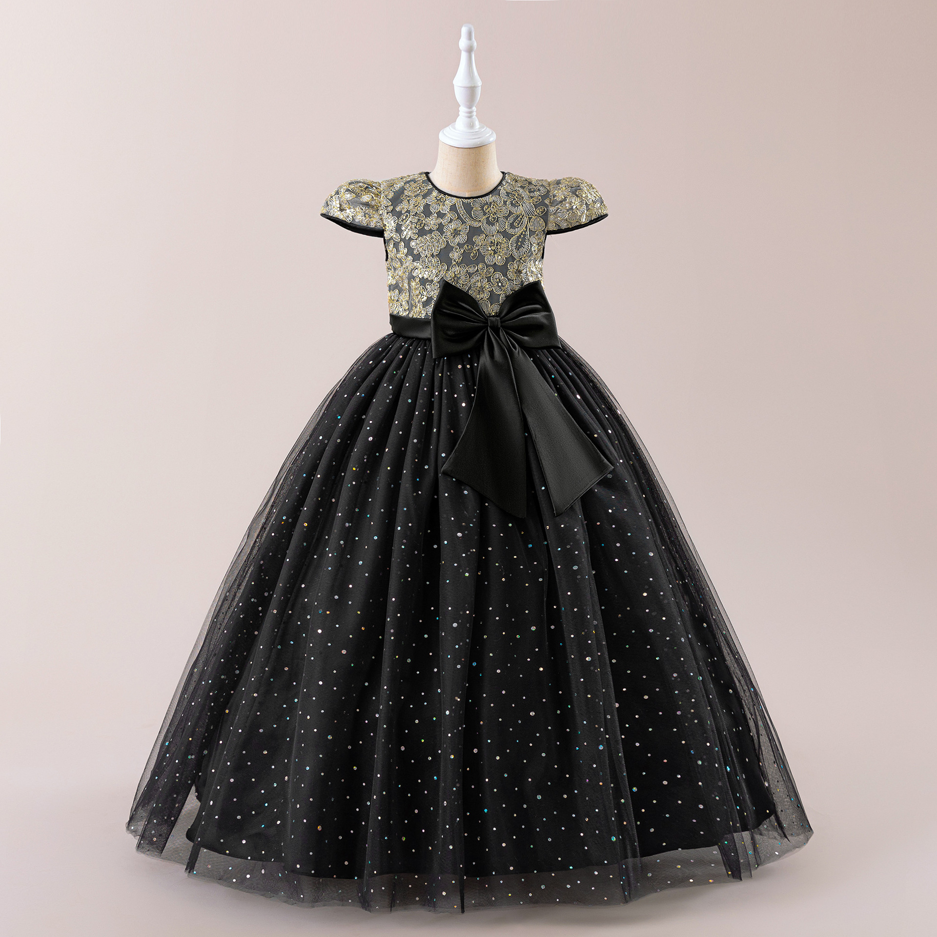 Girls' formal dress with bubble sleeves and sequined wedding dress, flower girl princess long dress