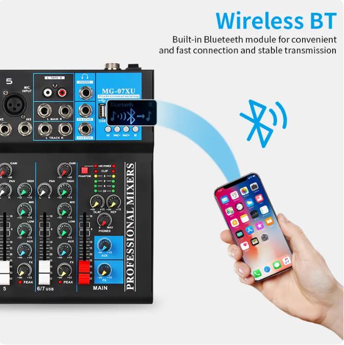 Mixer Audio 7 Channel Sound Mixing Console Bluetooth USB Record Computer 48V MG-07 Professional 7-Channel Audio Mixer