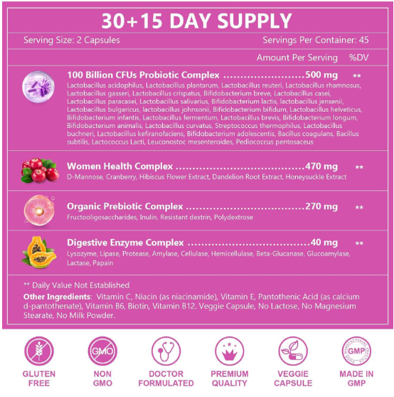 Probiotics for Women 100 Billion CFUs with Digestive Enzymes Prebiotics Vaginal Health Support Cranberry Flavor 90pcs Per Bottle
