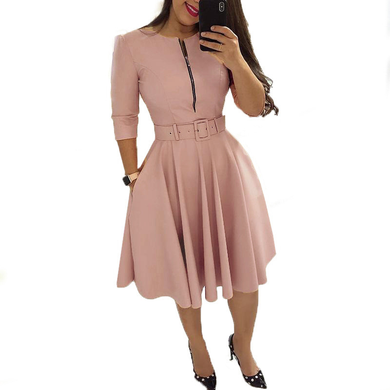 African Women's Solid Color Half Open Neck Zipper Pleated Dress with Belt OL Commuter Dress