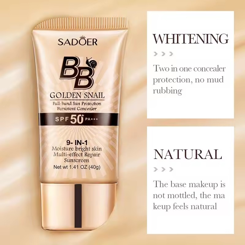 SPF50+ Gold Snail Sunscreen BB Cream Whitening Foundation Concealer Moisturizing Long Lasting Even Skin Tone Makeup Base Primer
