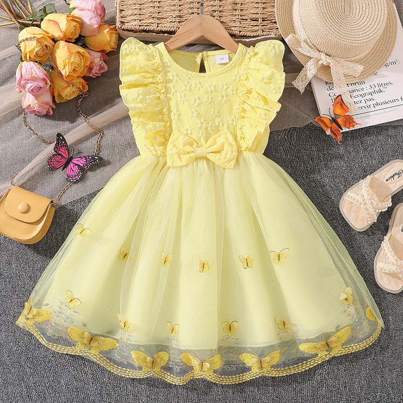Kids Princess Dress For Girls O-Neck Wing-Sleeve Bowknot Floral Print Embroidery 4-7 Years Summer Sweet Birthday Party Clot
