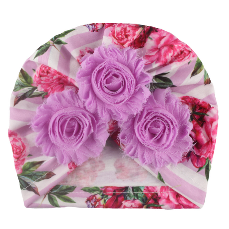 2022NEWLovely Three Pearl Flowers Newborn Hats Baby Girls Printed Polyester Cotton Bonnet Children Striped Caps Warm Headwear