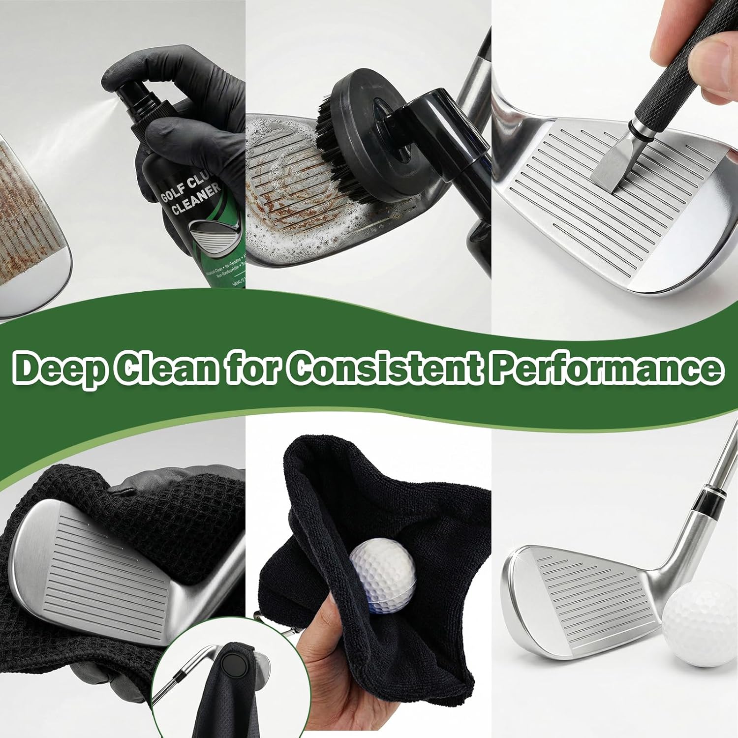Golf Club Cleaning Kit, 8-in-1 Club Care Set with Cleaner, Brush, Groove Sharpener, Grip Cleaner, Polish, Magnetic Towel, Ball Towel & Portable Bag -