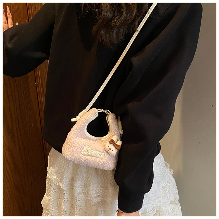 Fluffy Mini Handbags Embroidery Cute Letters Print Rabbit Appliques Fleece Crossbody Bag Casual Female Lipstic Messenger Packs