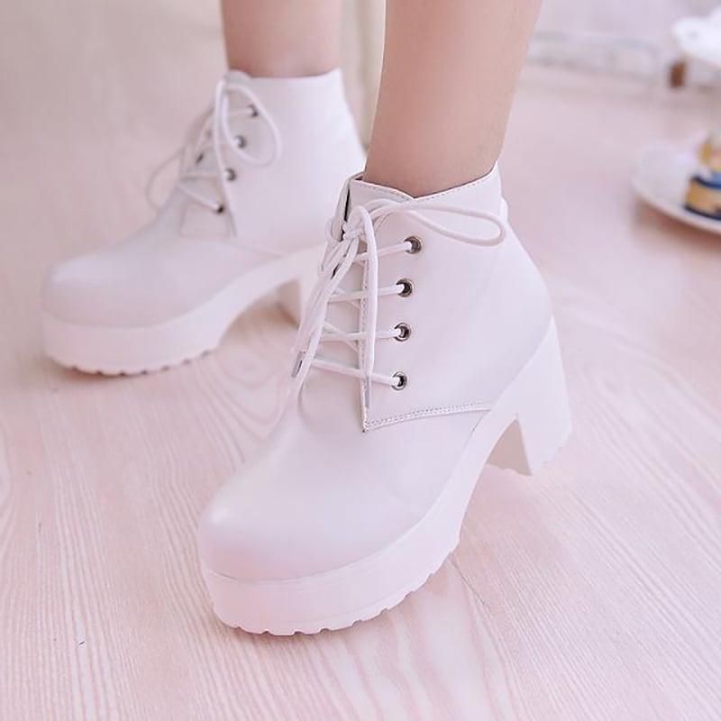 Women's Lolita Shoes JK Round Toe Shoes Lace-up School Uniform Dress Shoes for Girls Women Cosplay Sweet High Heel Boots