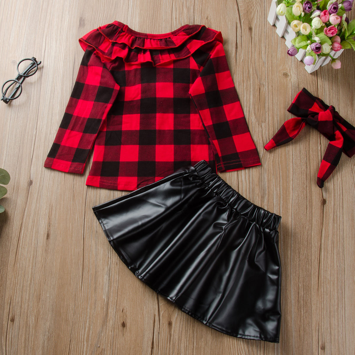 Toddler Kids Baby Girls Long Sleeve Grids Ruffle Tops+ PU Skirt+Headband Set Outfits Clothes 3PCS