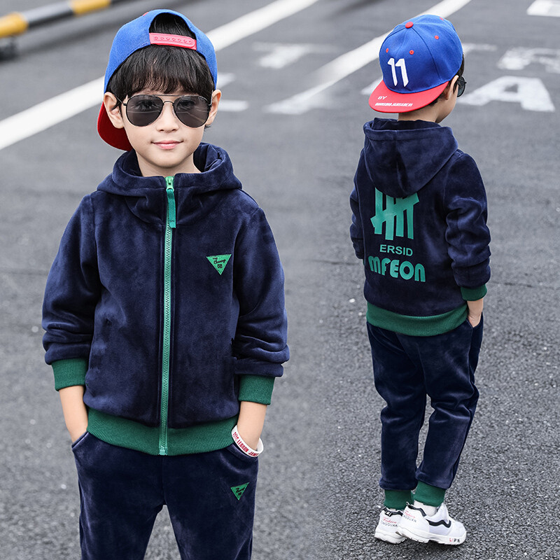 Children Clothing Set Double-sided Velvet Fashion Letter Hooded 2PCS Hoodies Coat Pants Kids Boys Tracksuit for Autumn Winter