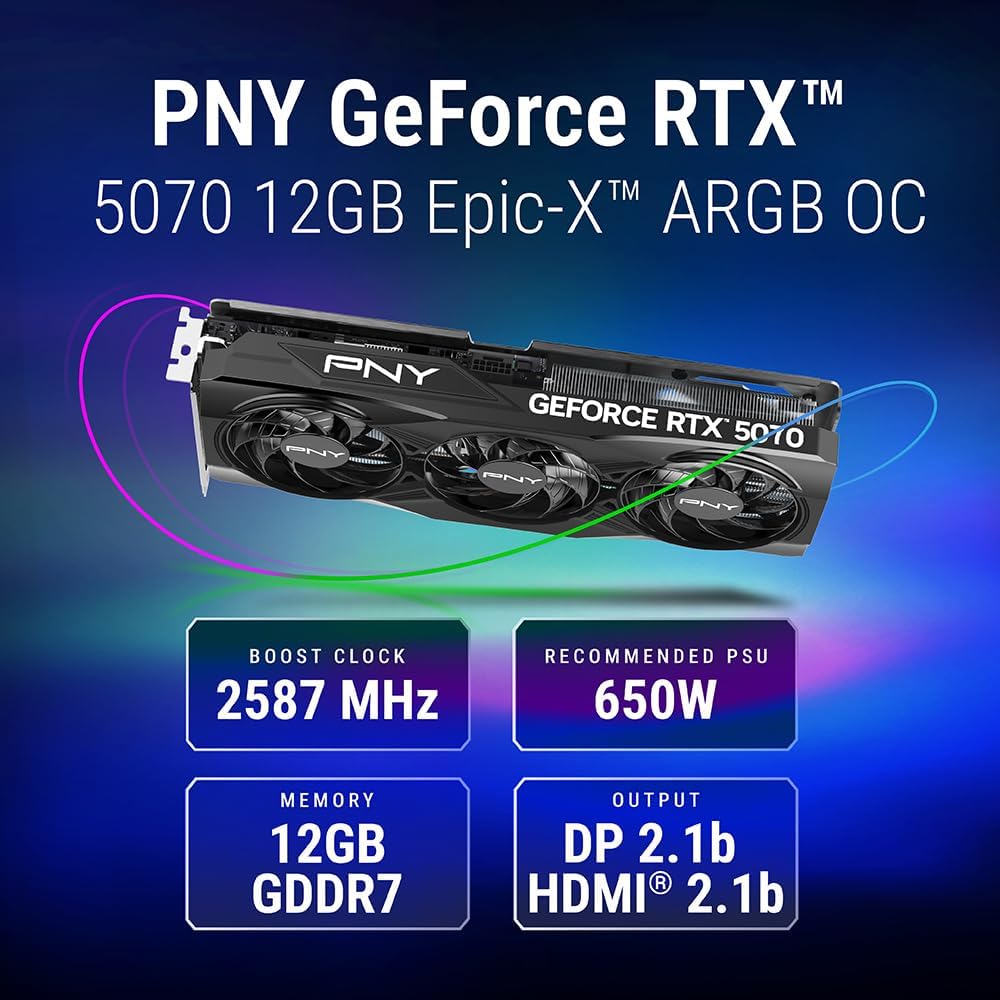 PNY NVIDIA GeForce RTX™ 5070 OC Triple Fan, Graphics Card (12GB GDDR7, 192-bit, Boost Speed: 2587 MHz, SFF-Ready, PCIe® 5.0, HDMI®/DP 2.1, 2.4-Slot, B